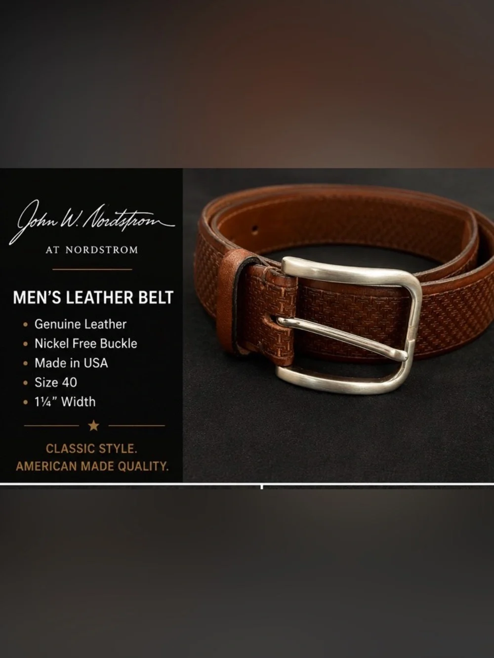 John W. Nordstrom men’s rich brown leather belt Made in USA Size 40 1¼” wide